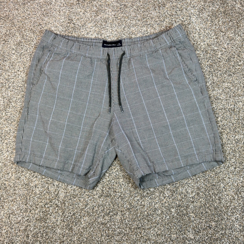 Abercrombie & Fitch Mens XL Pull On Grey Houndstooth Blue Stripe Drawstring